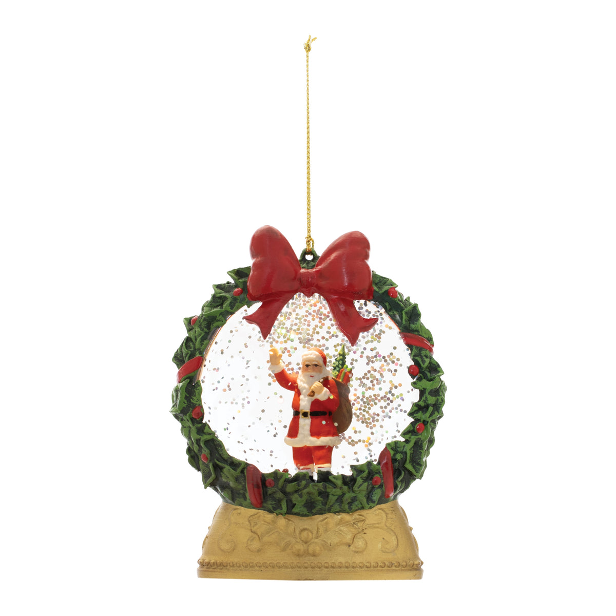 LED globe ornament featuring a Santa Claus figure inside a wreath-framed snow globe with a gold base.