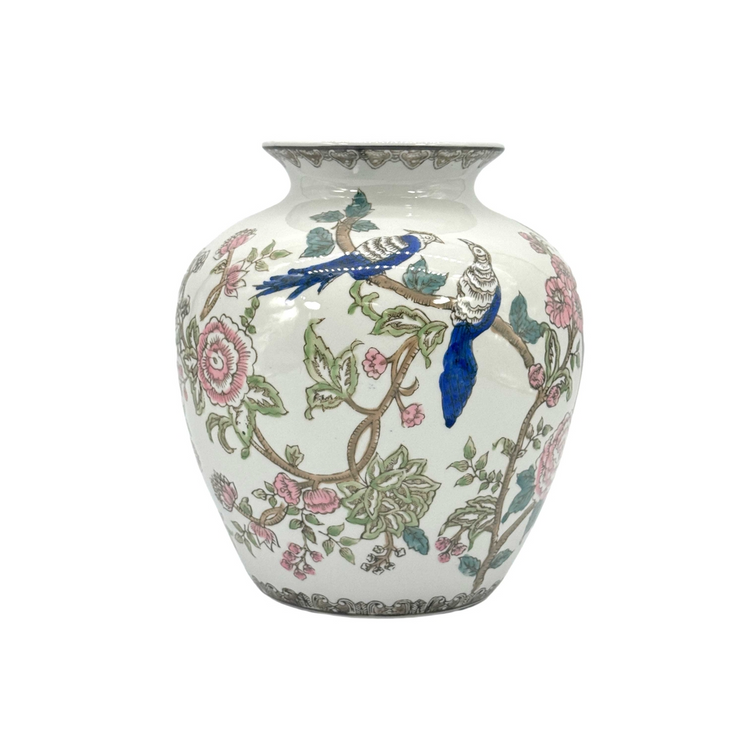 10-inch white ceramic Chinoiserie vase featuring blue parrots and pink floral designs.