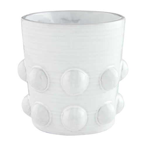 Terra cotta beaded pot with a rounded terracotta body featuring intricate beadwork patterns.