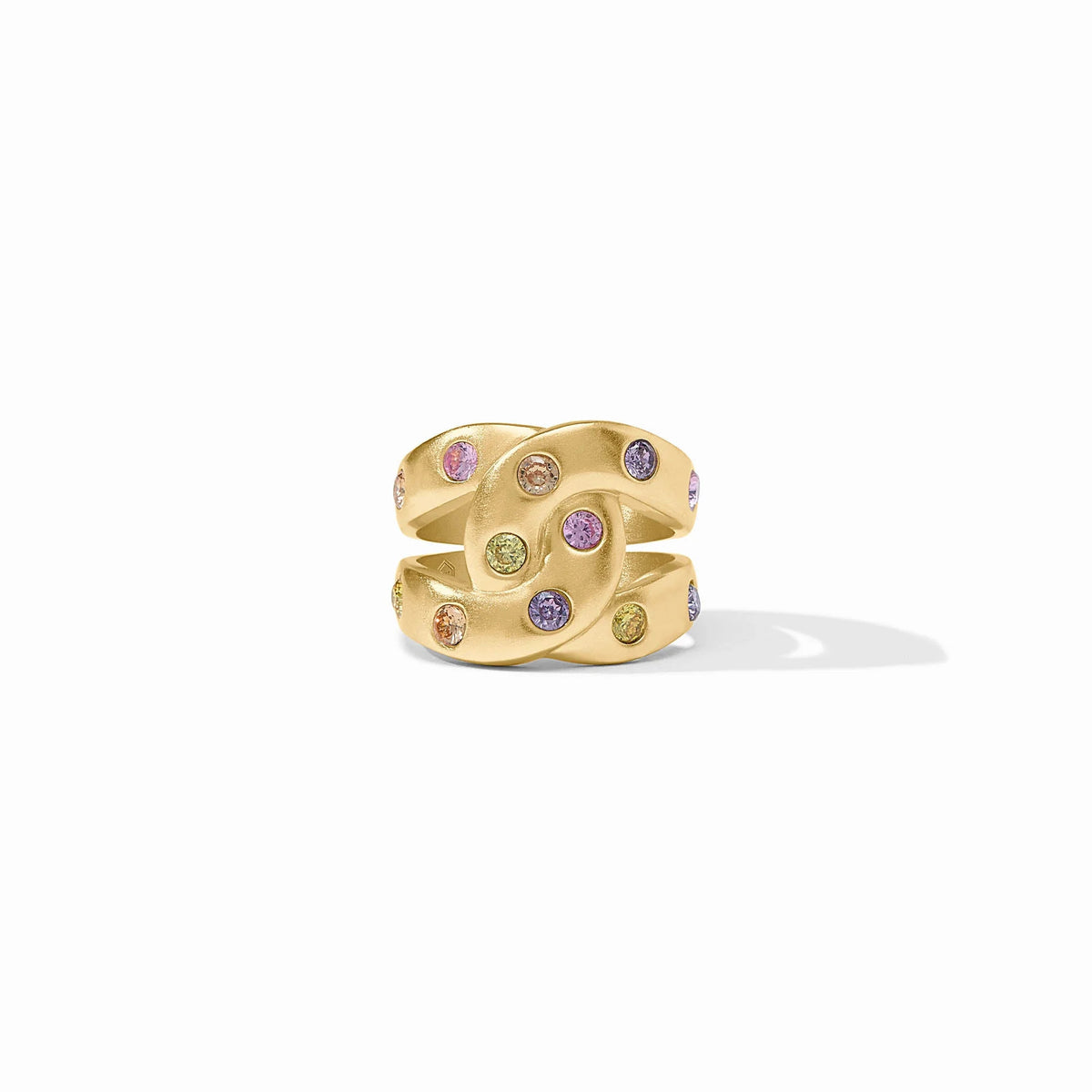 Rainbow infinity ring with a multicolored band featuring a central clear cubic zirconia stone.