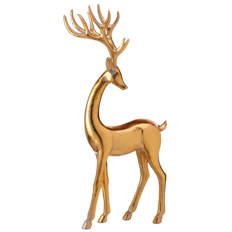 15 inch gold resin standing elegant deer figurine with a weathered finish and modern silhouette.