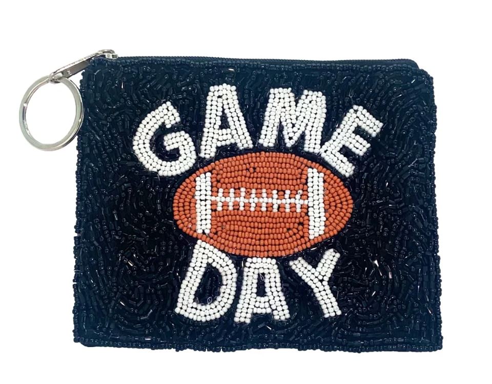 Black beaded pouch with football game day pattern