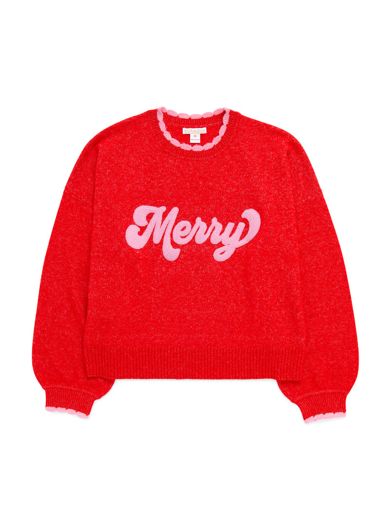 Red relaxed-fit sweater with pink scalloped trim and retro pink "Merry" lettering on the front.