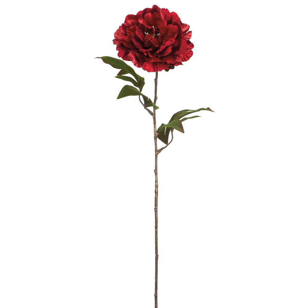 26-inch shimmer velvet peony spray with a deep red flower head and green leaves on a long brown stem.
