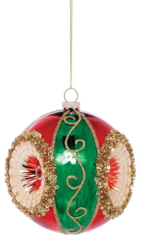 100MM red and green glass reflector ball ornament with gold glitter swirls and sequin accents.