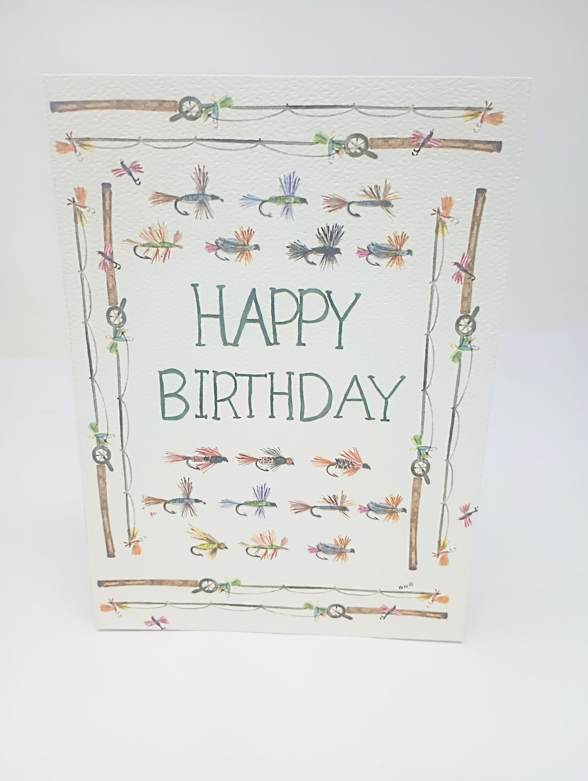 Fishing birthday card featuring watercolor illustrations of fly fishing lures and rods.