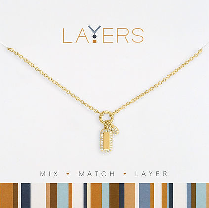 Gold Duo CZ Tag Layers Necklace with a gold chain and two rectangular crystal-lined pendants.