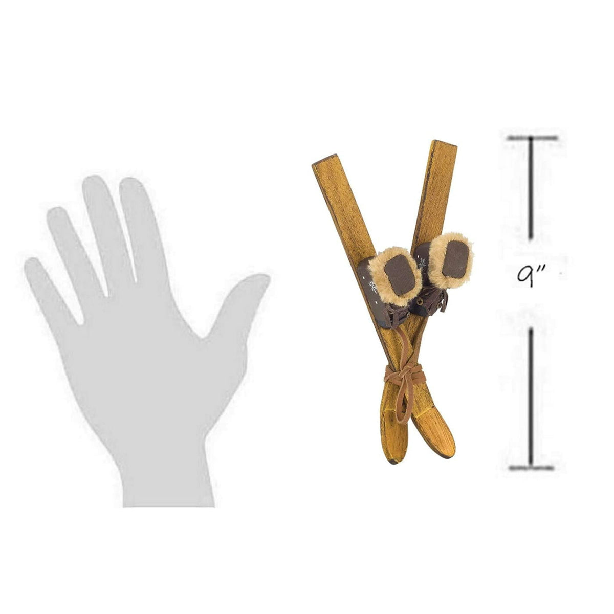 Wooden ski and boot ornament with faux fur trim, shown next to a hand and 9-inch height marker.