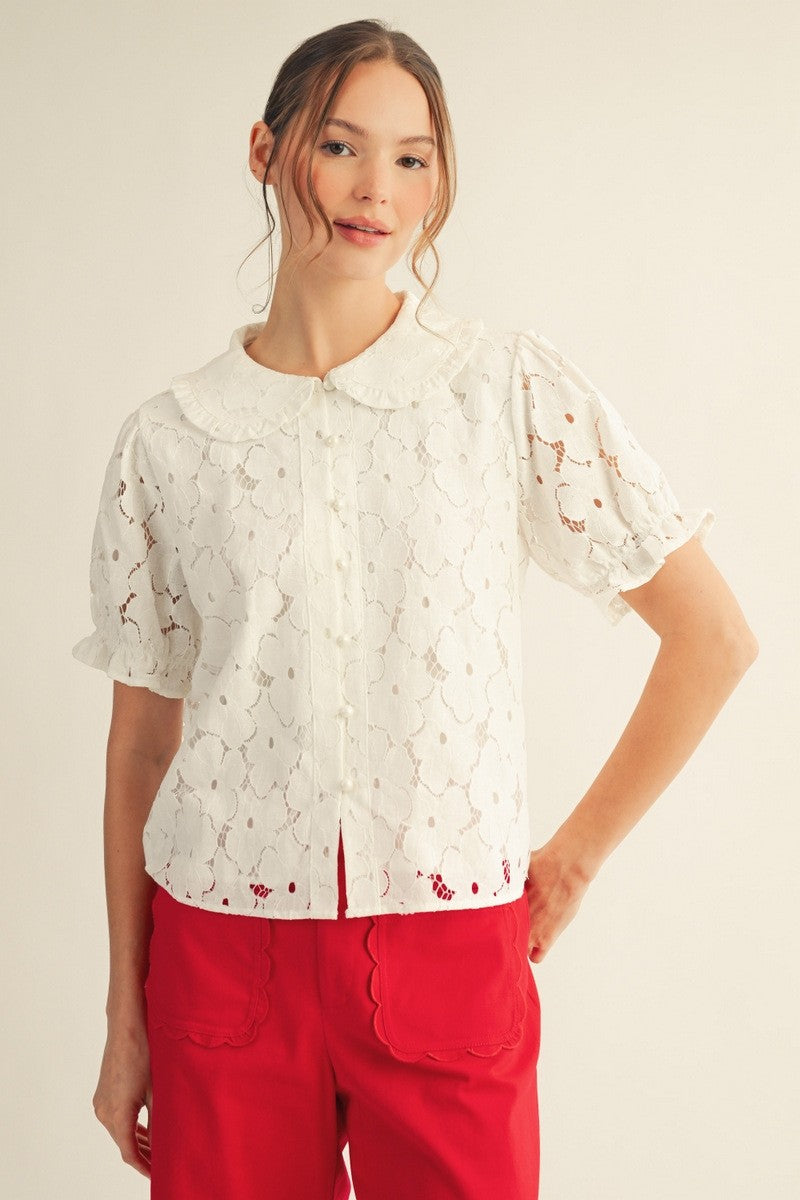 Layla Short Sleeves Button Down 3D Lace Top