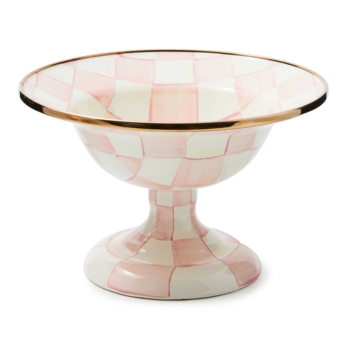 Small Rosy Check compote with hand-painted sterling check pattern on steel body and bronzed stainless rim.