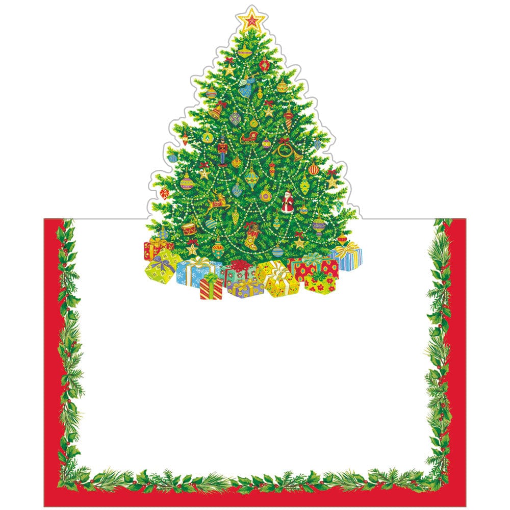 Die-cut Christmas tree place cards with festive artwork on high-quality cardstock.