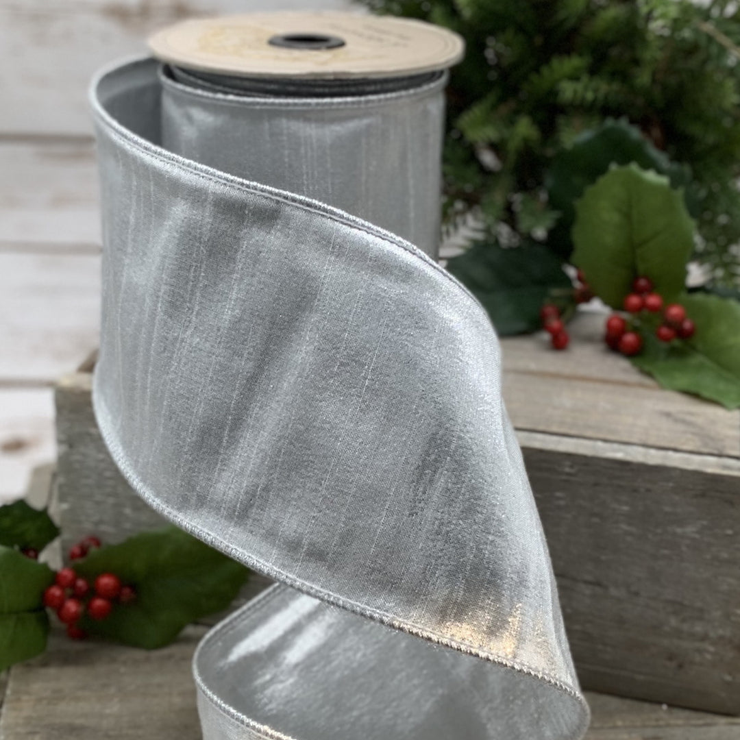 4-inch wide faux metallic dupion ribbon in a shimmering silver finish