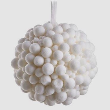 White pompom ball ornament, 4 inches in diameter, with a textured, spherical silhouette.