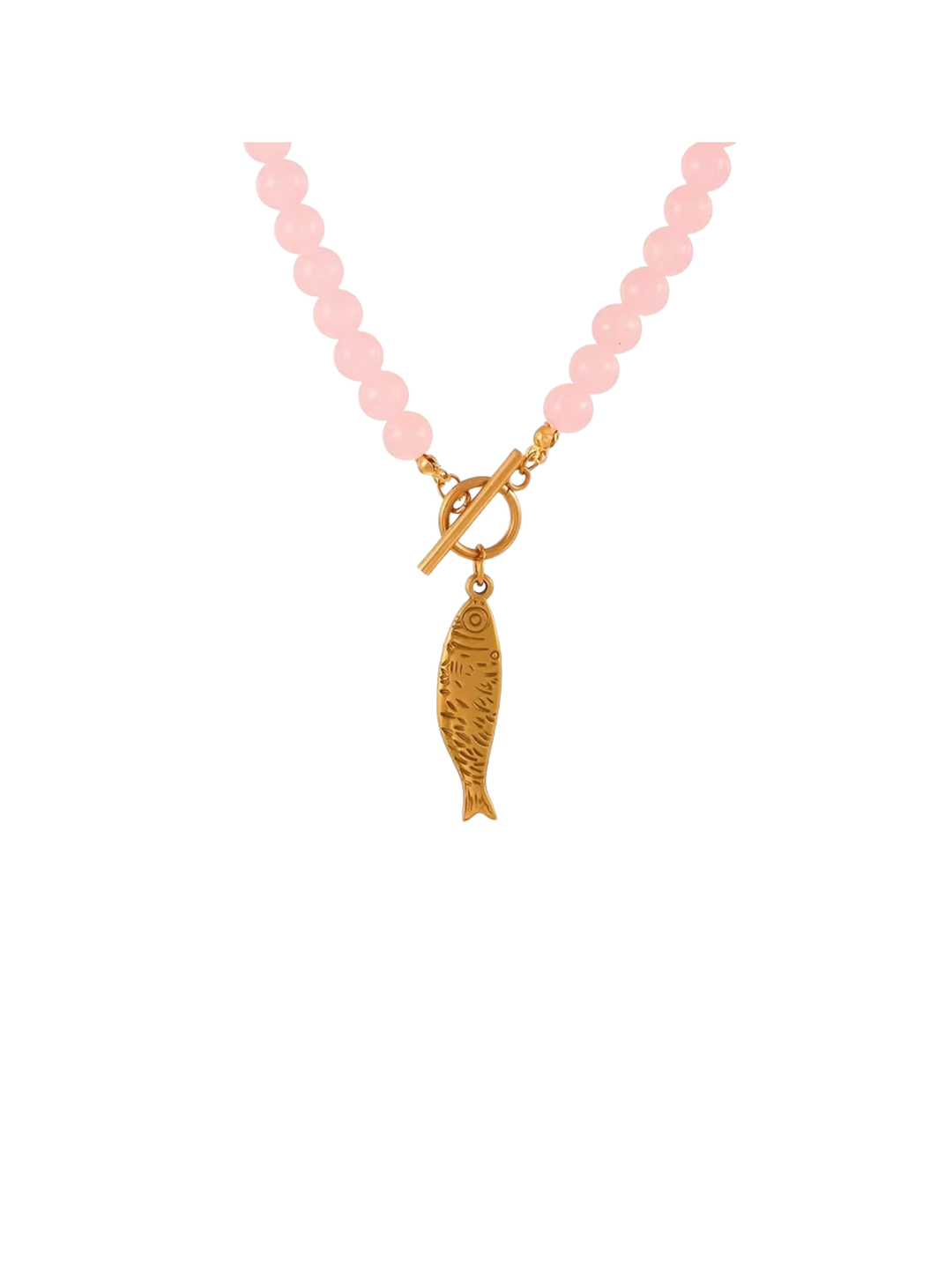 Pink beaded necklace with a gold toggle clasp and a textured gold fish pendant.