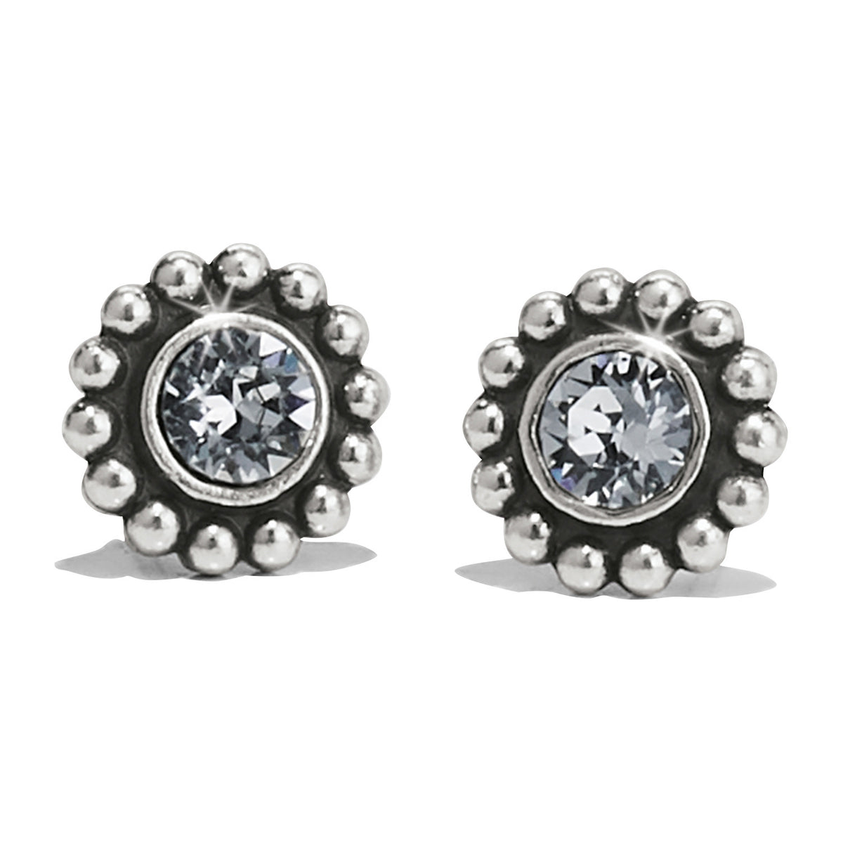 Twinkle Mini Post Earrings featuring silver plated beaded frames with round clear crystals.