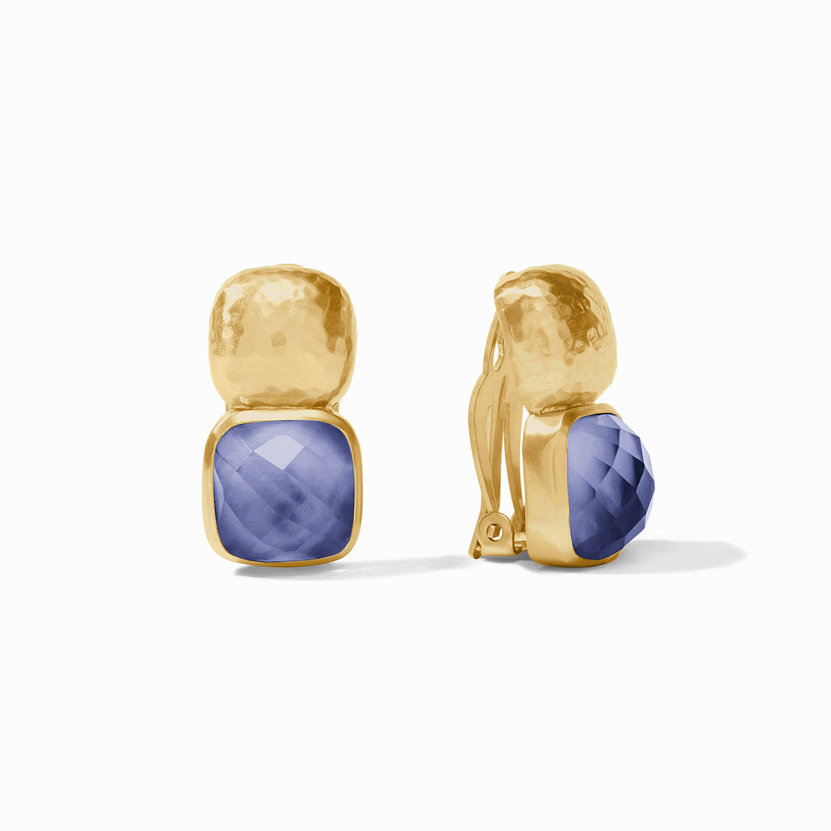 Catalina Clip earrings in 24K gold plate with square faceted blue glass and mother of pearl.