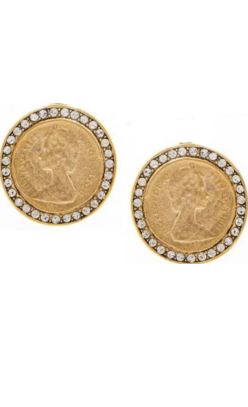 Gold-plated Roman coin clip-on earrings with a Swarovski crystal halo.