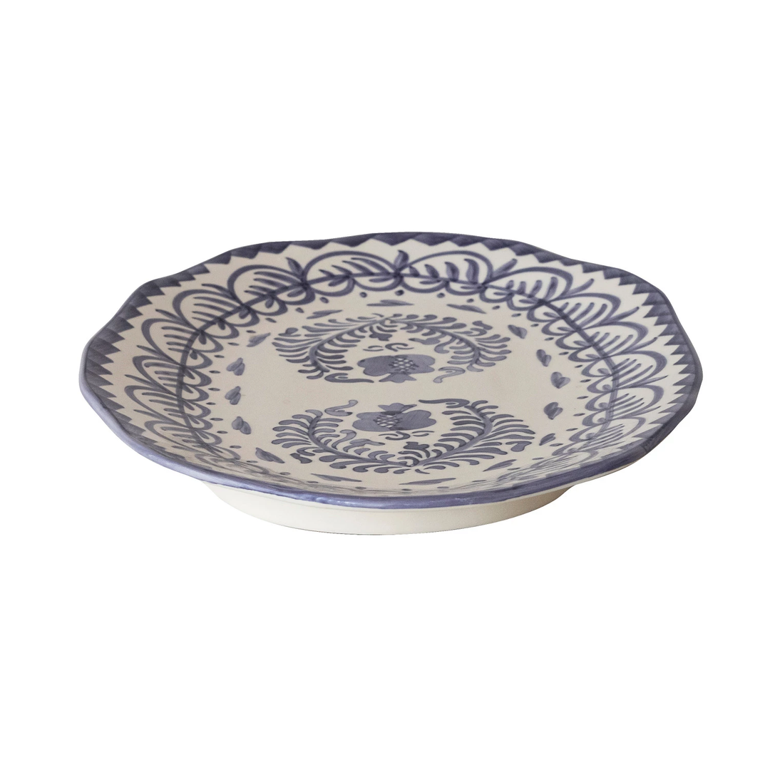 Hand-Painted Stoneware Organic Shaped Platter with Botanical Design