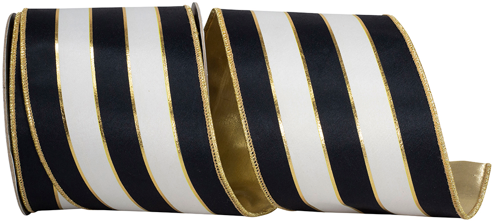 Black and white striped satin ribbon with gold wired edges and a gold fused backing.