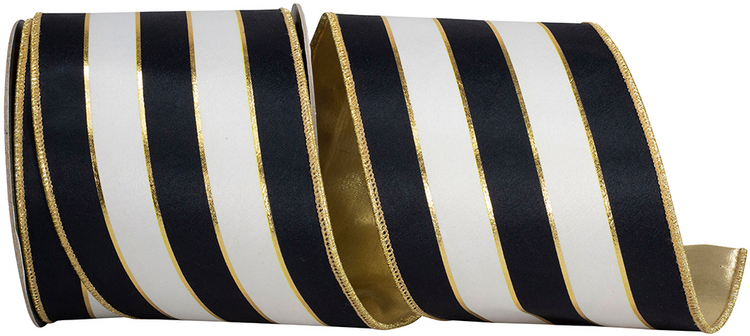 Black and white striped satin ribbon with gold wired edges and a gold fused backing.