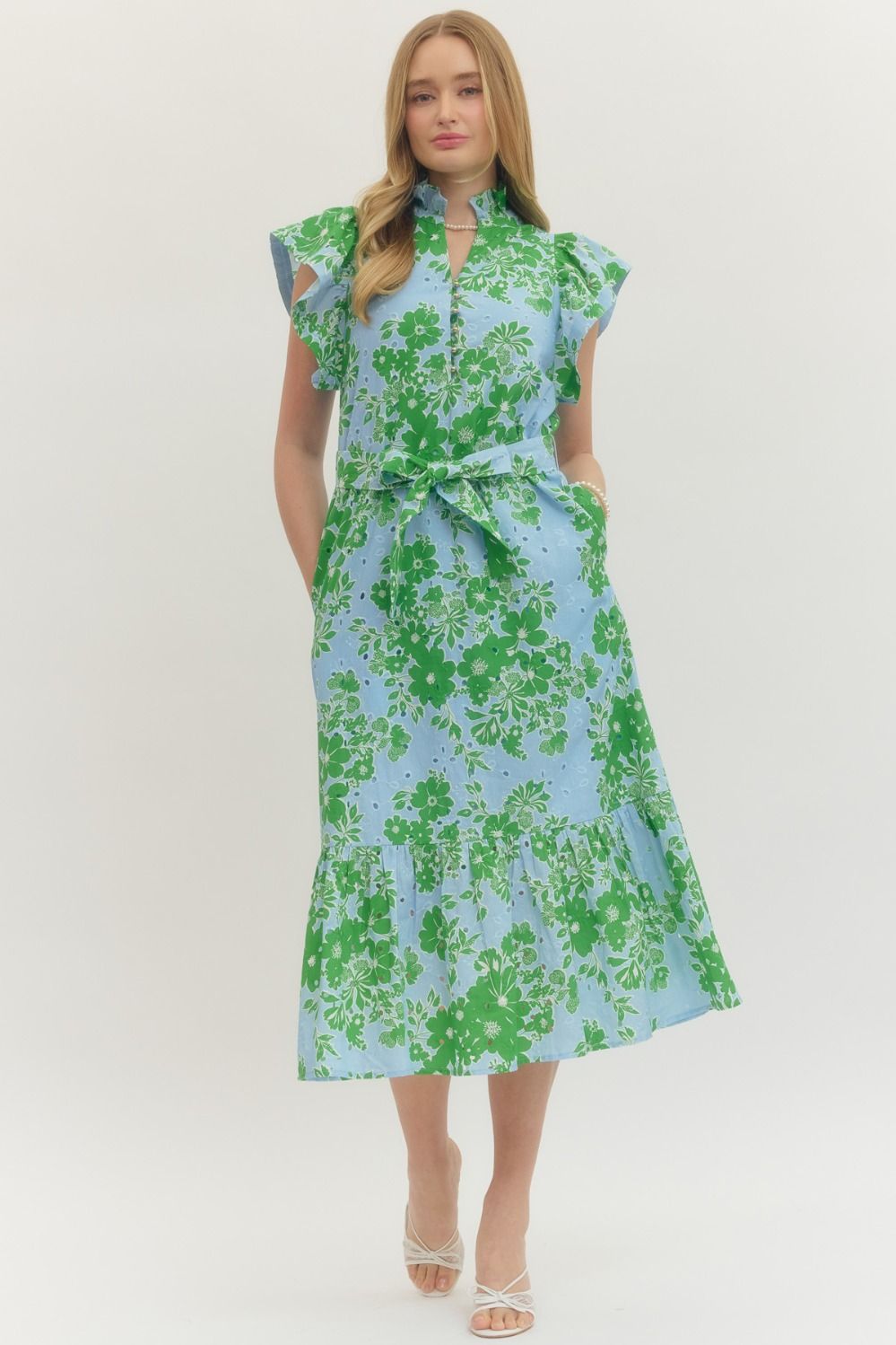 Lilian Floral Print Flutter Sleeve Midi Dress