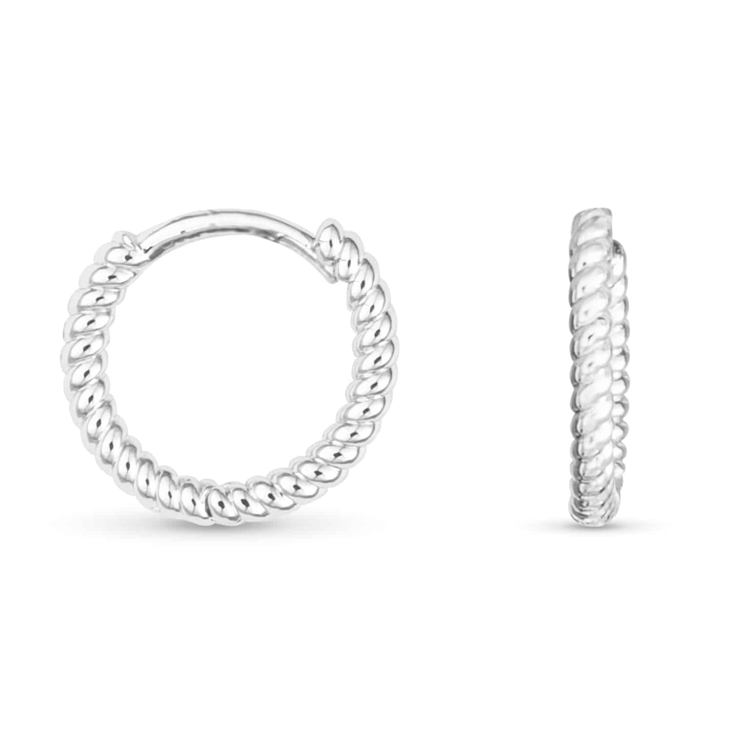 Pair of silver braided hoop earrings shown from the front and side views.