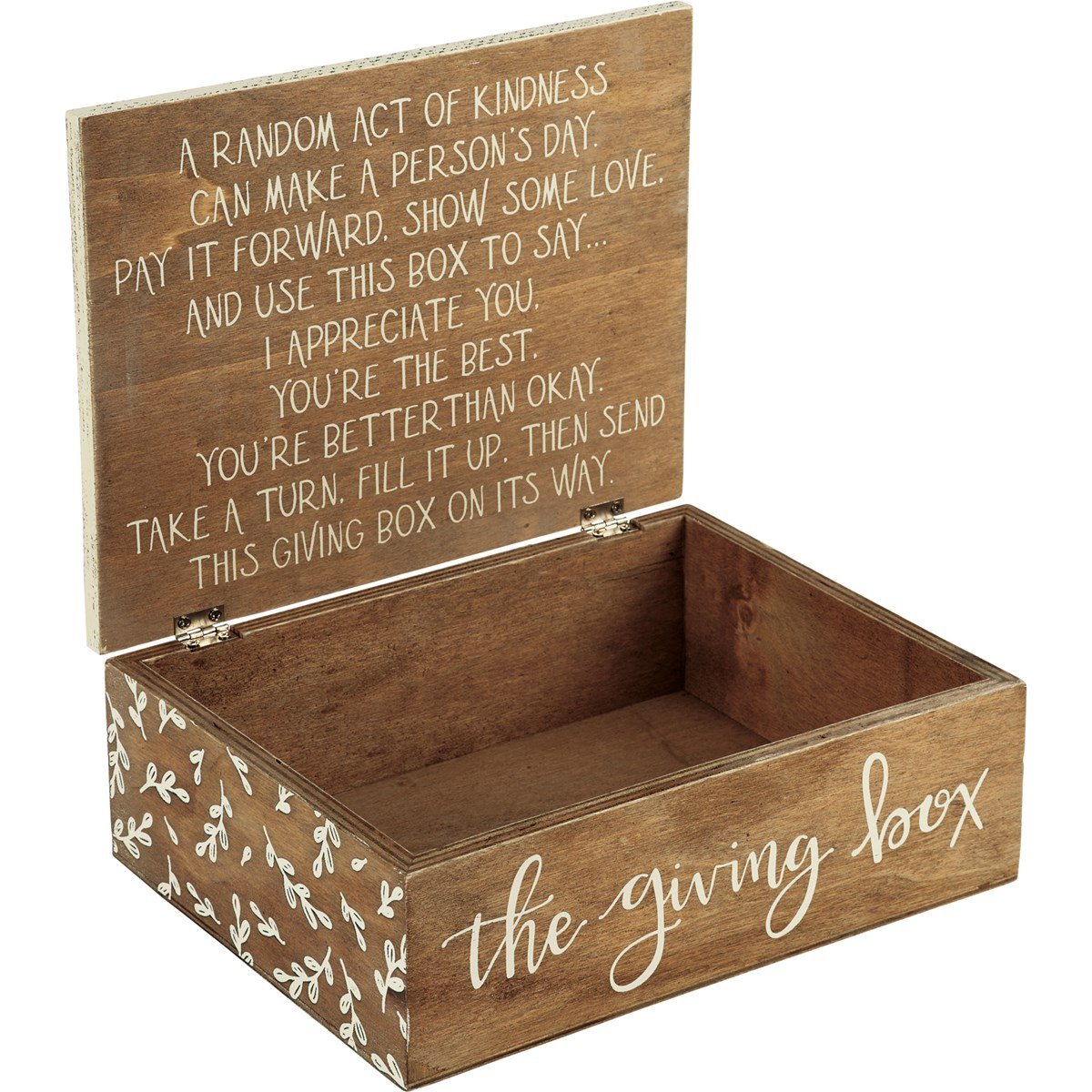 Wooden box with metal accents labeled A Random Act of Kindness Giving Box