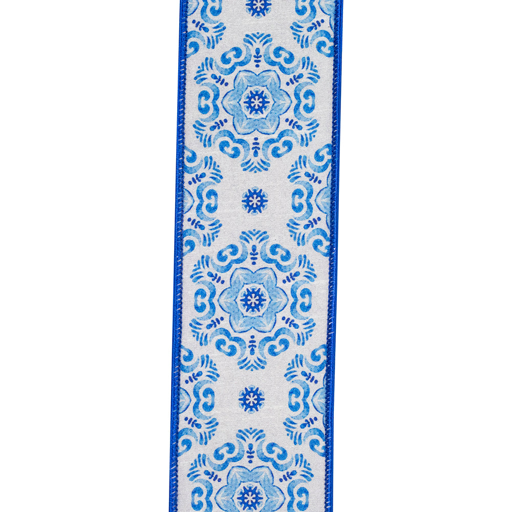 Porcelain Sentido Deluxe Dupioni wired edge ribbon with blue floral tile patterns on white fabric.