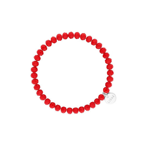 Stretchy beaded bracelet with faceted glass beads in a colorful pattern.