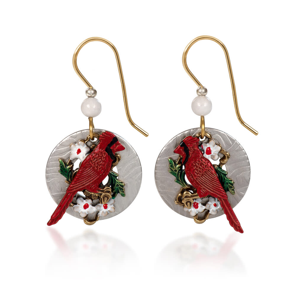 Red Cardinal with Flowers Drop Earrings