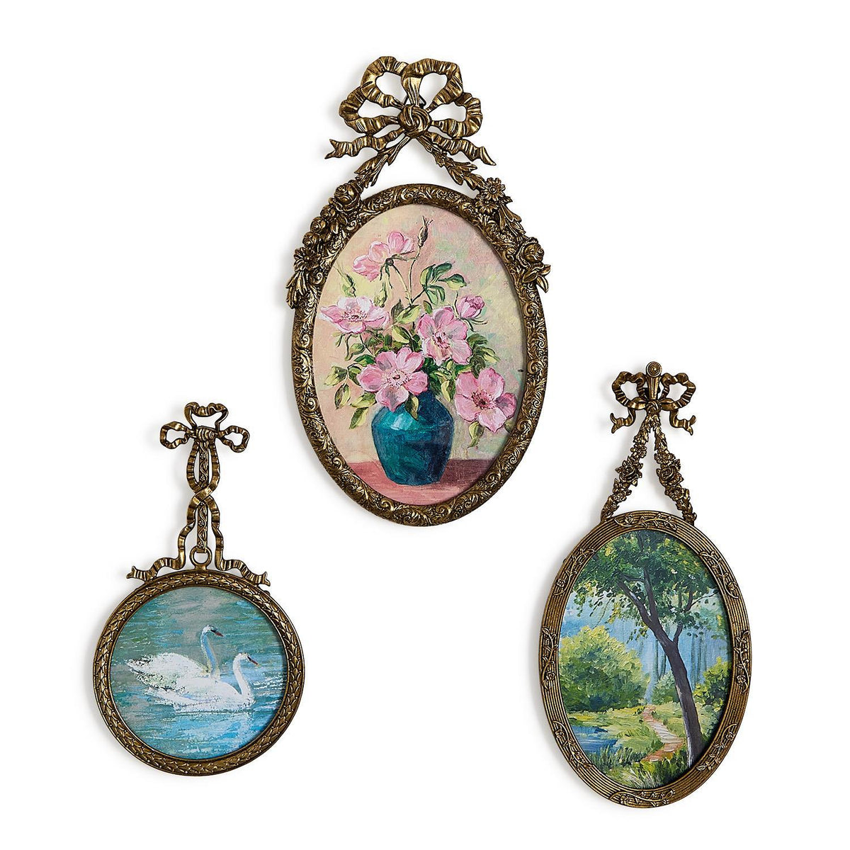 Three antique-style gold hanging frames with bow and flower details, each with a unique painting.