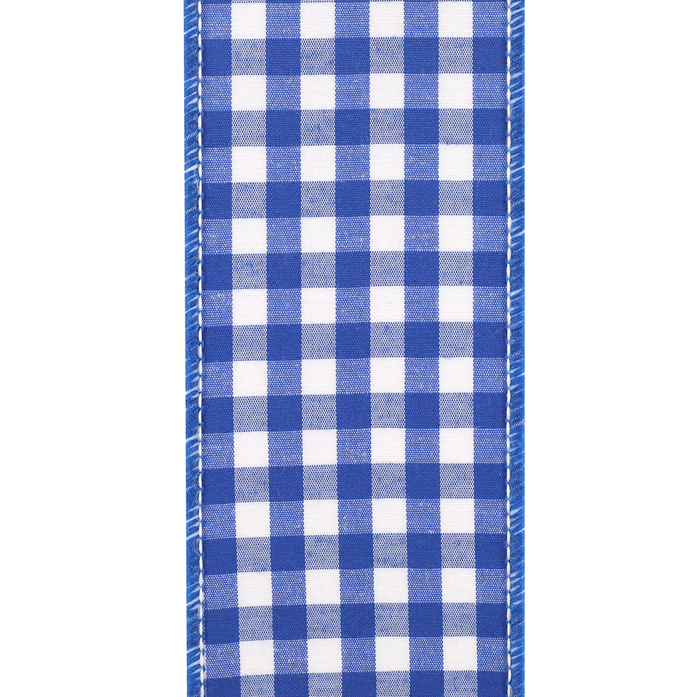 A spool of cobalt blue gingham wired ribbon with a checkered pattern and stiffened edges.