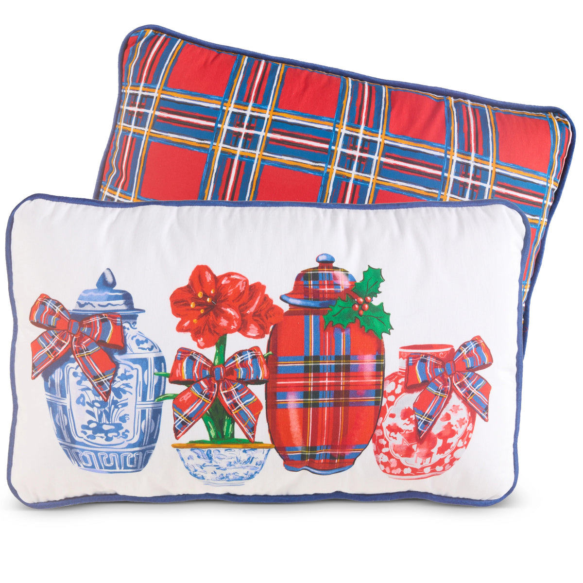 Set of two 20-inch lumbar pillows featuring a red plaid pattern and chinoiserie vase illustrations.