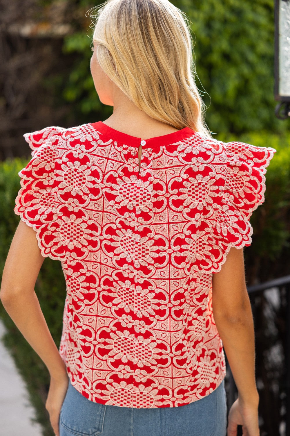 Rylie Scallop Ruffle Detail Floral Embroidered Top