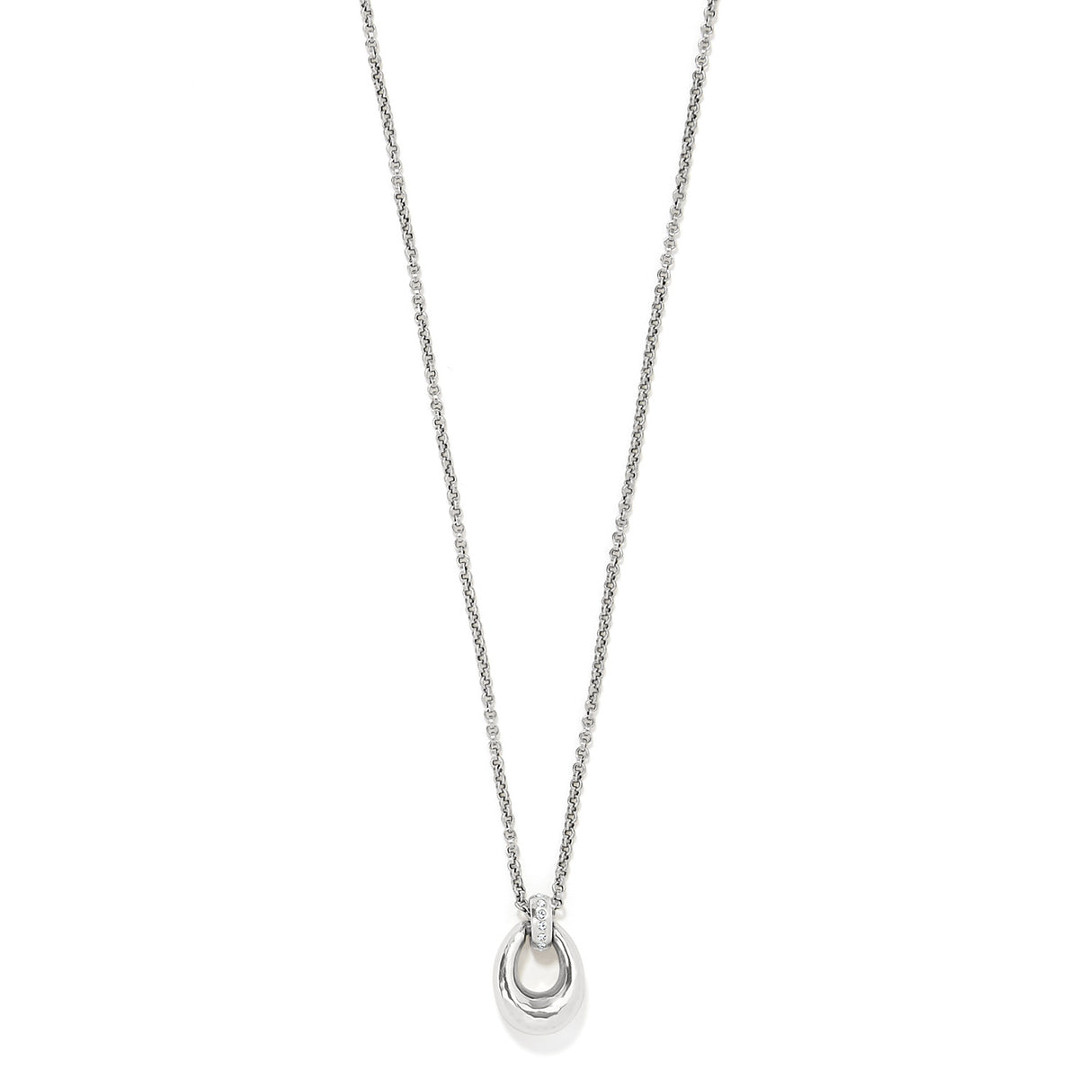 Silver-plated Meridian Orbit Necklace with a crystal-accented circular pendant on a link chain.