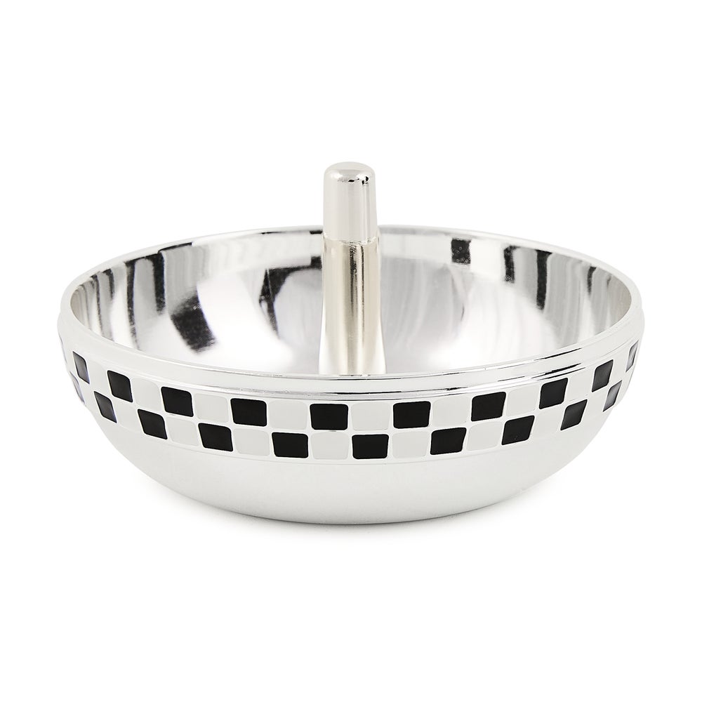 Silver-plated Celebrate Trinket Dish with a black and white enamel checkered rim and ring stand.