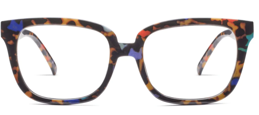 Square eyeglasses with blue-tinted lenses in recycled polycarbonate frame