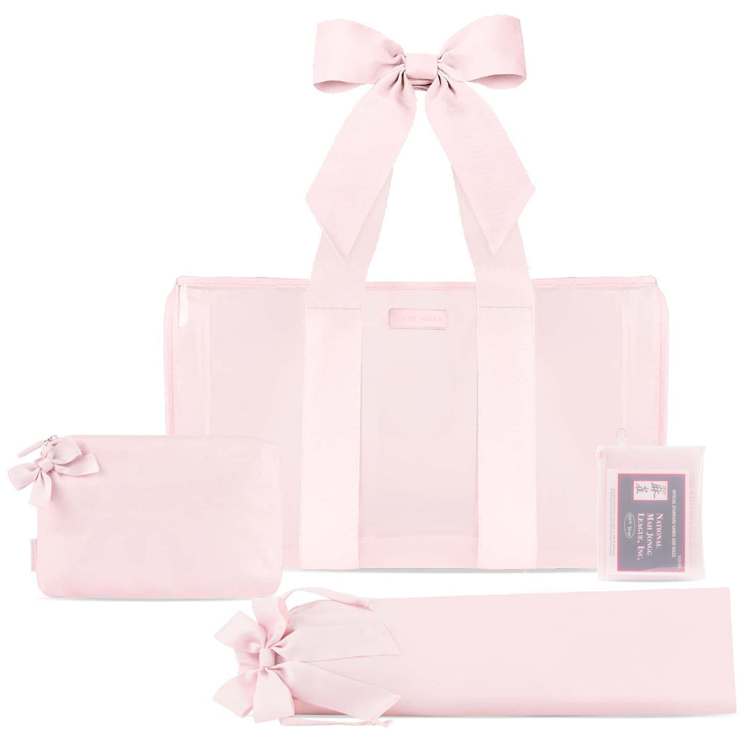 Four-piece ballet pink mahjong jelly tote set with bows, including tote, pouch, and sleeves.