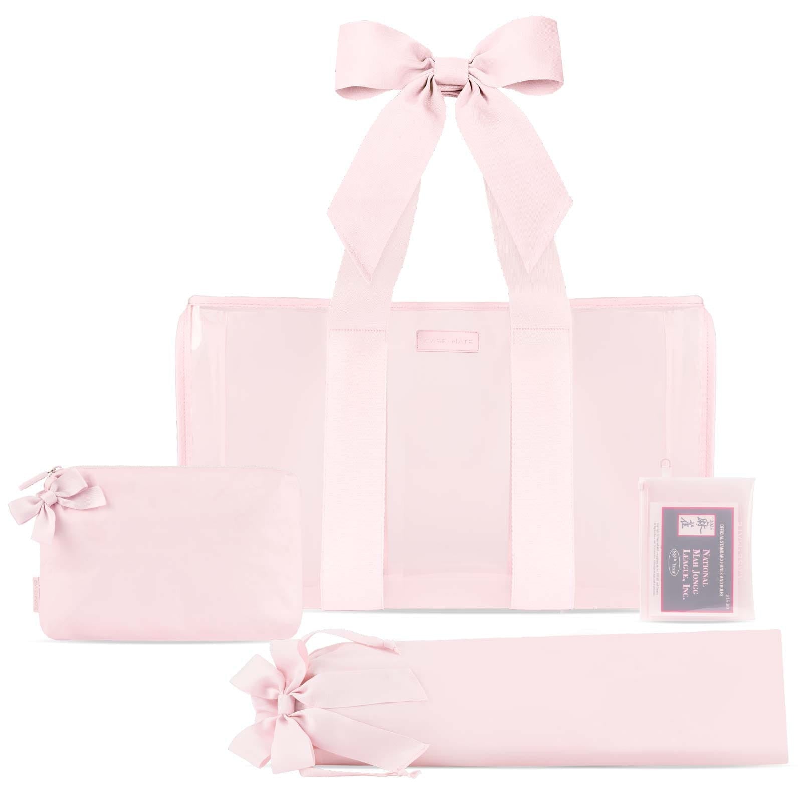 Four-piece ballet pink mahjong jelly tote set with bows, including tote, pouch, and sleeves.