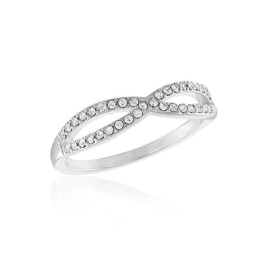 CZ Criss Cross Stack Ring in silver-tone metal with clear cubic zirconia stones arranged in a criss cross pattern.