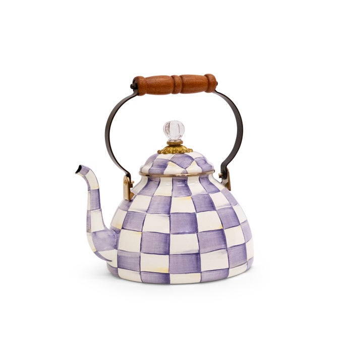 Violet checkered enamel tea kettle with a curved handle and knob