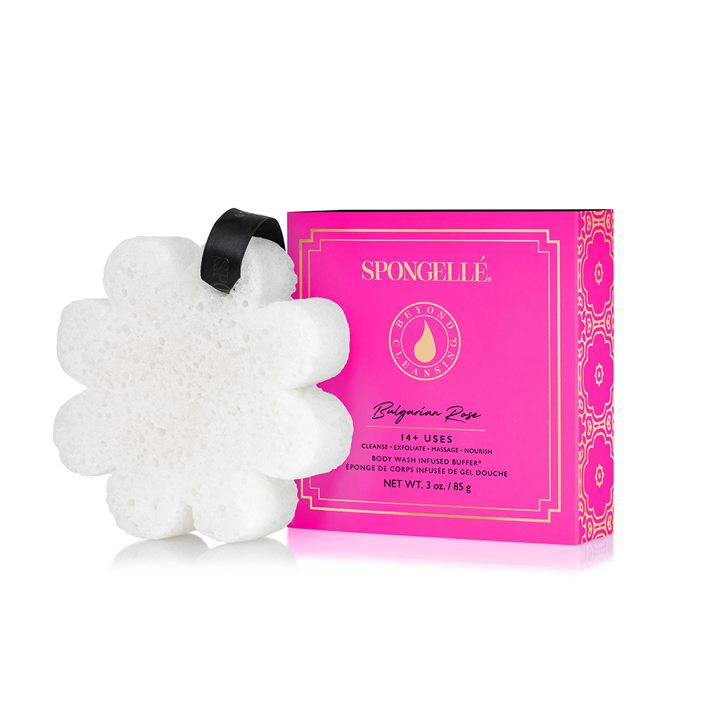 Boxed Flower bath sponge with built-in body wash in a chic hanging ribbon design.