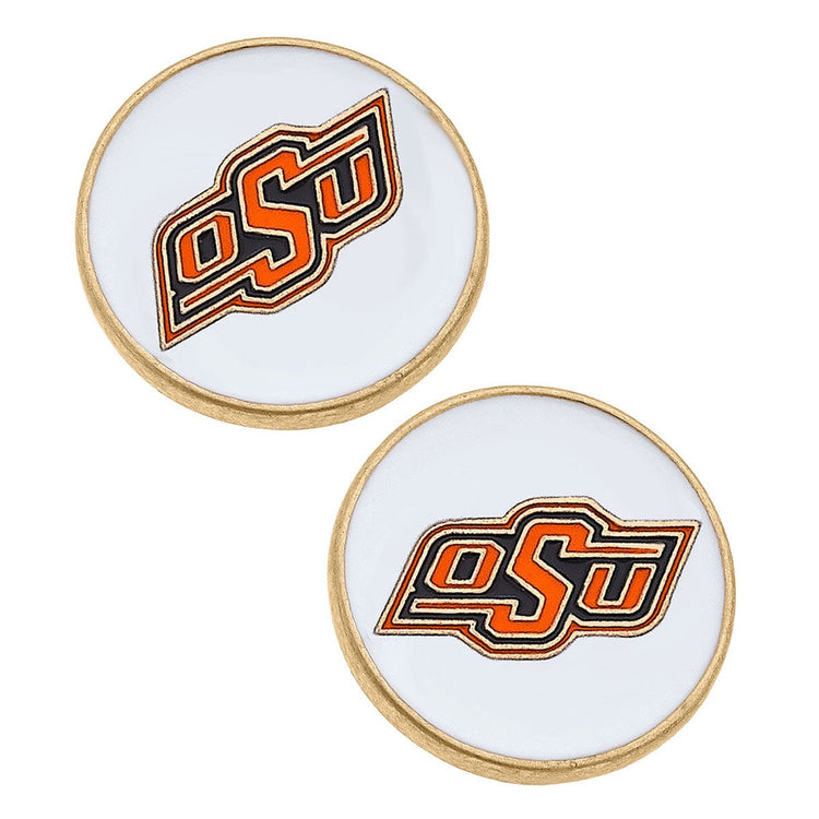 Oklahoma State Cowboys enamel disc stud earrings in white with worn gold plating.