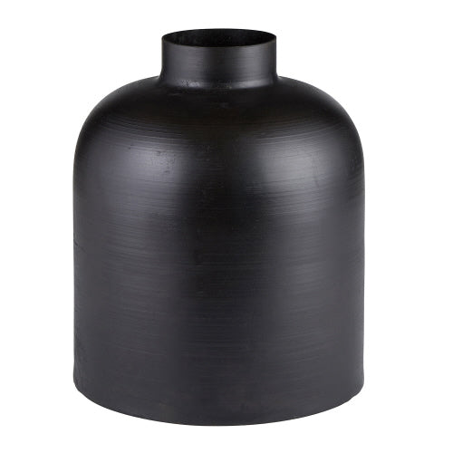 Black metal vase with a sleek cylindrical silhouette.