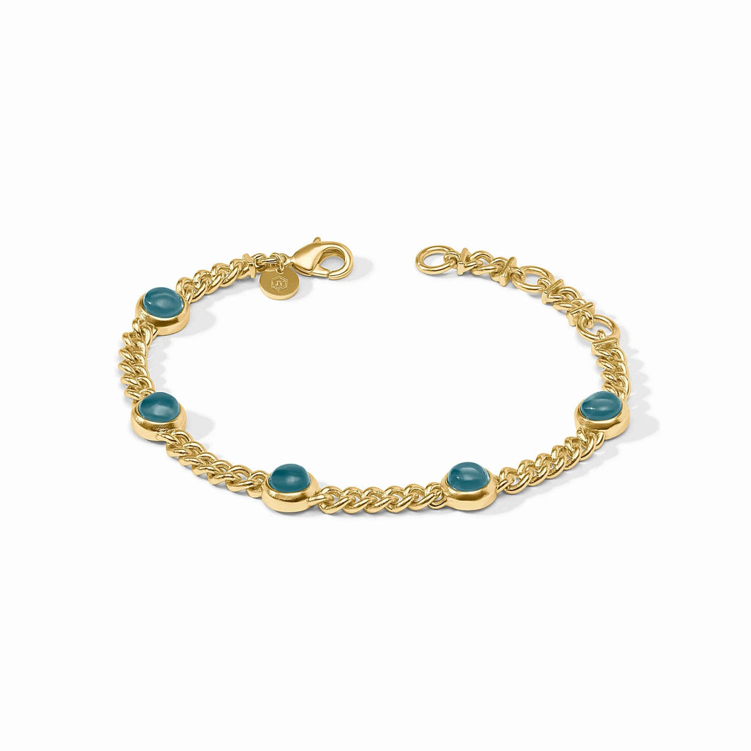 Gold chain Dolce Delicate Bracelet featuring five round, smooth blue gemstones and a lobster clasp.