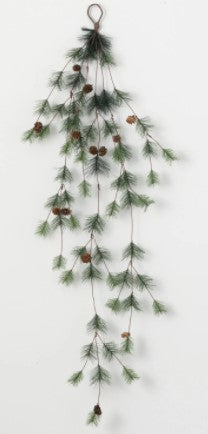 Cluster Pine Garland with green needles and small brown pinecones hanging from a top loop.