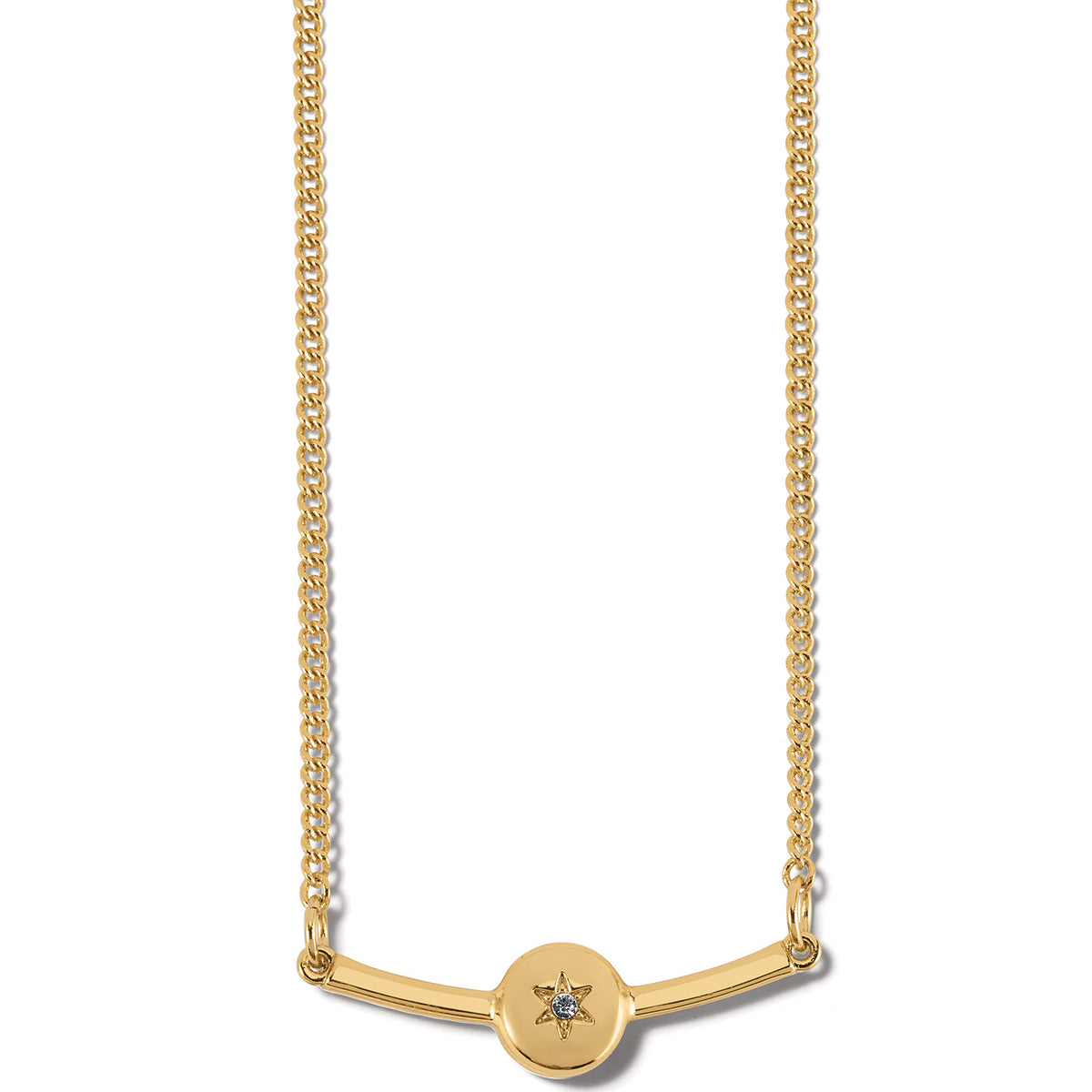 Gold plated Illumina bar necklace with a central star-engraved crystal on a curb chain.