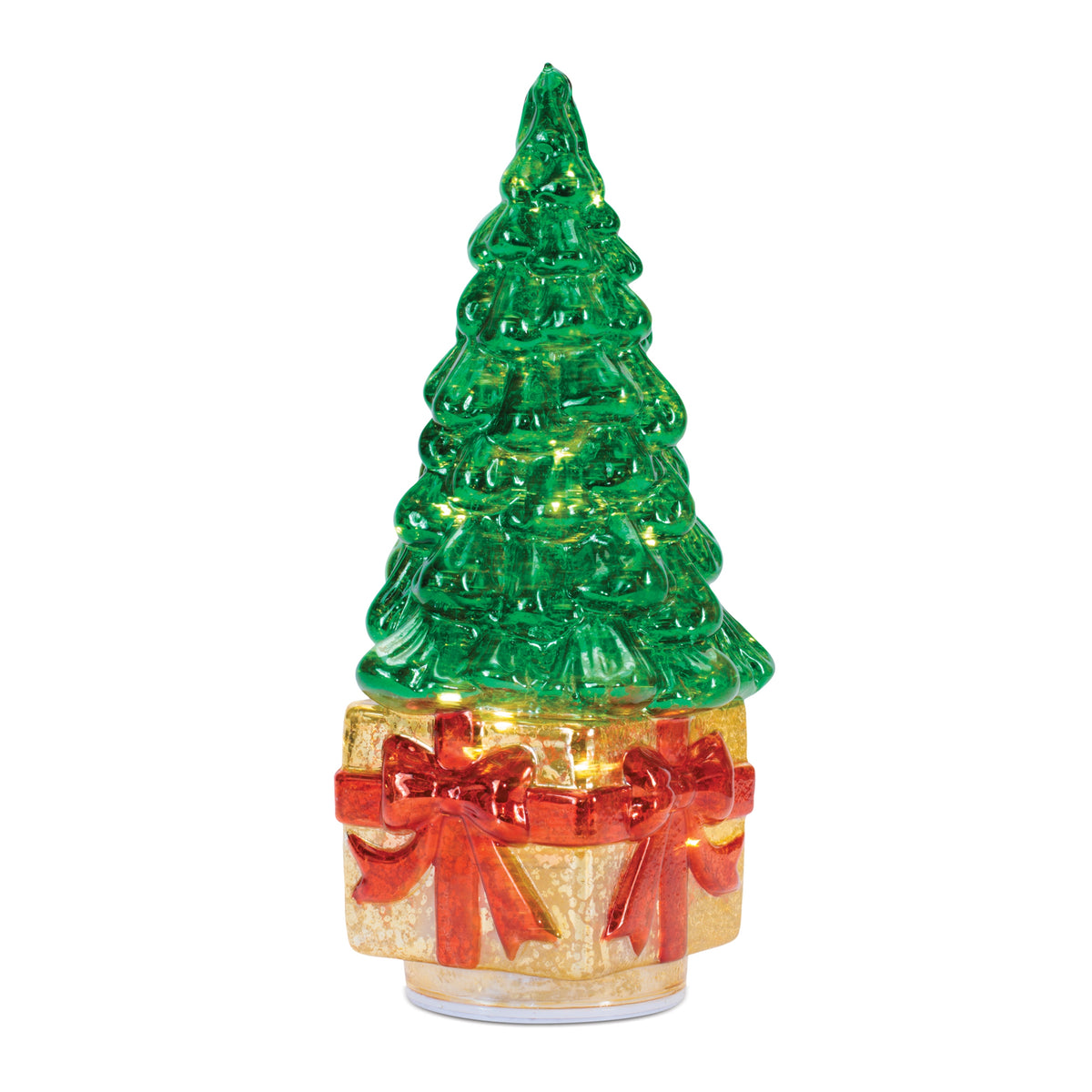 Glass rotating LED green Christmas tree on a gold gift box base with red bows.