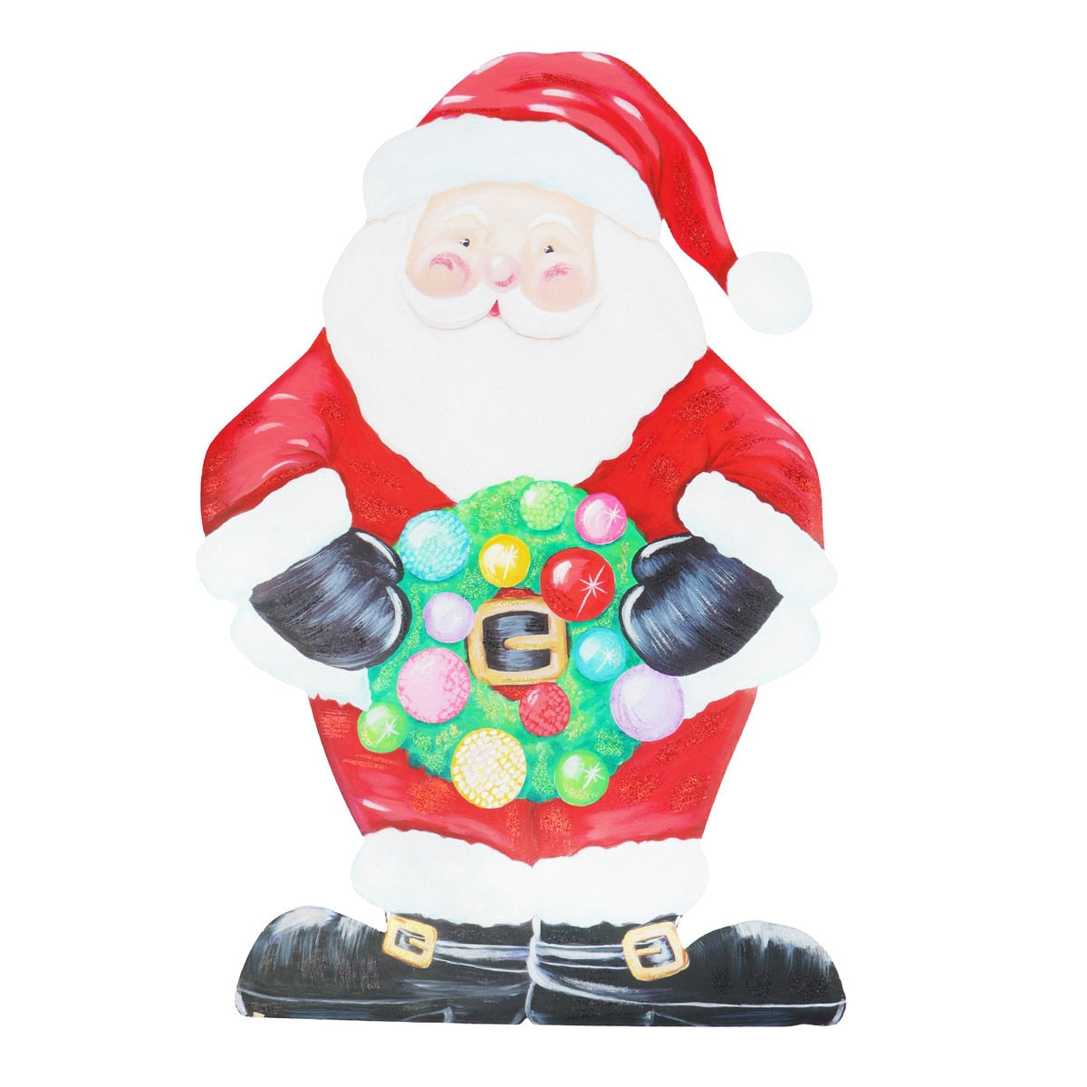 Merry & Bright Santa wooden stake ornament in red with white beard and green holly accents.