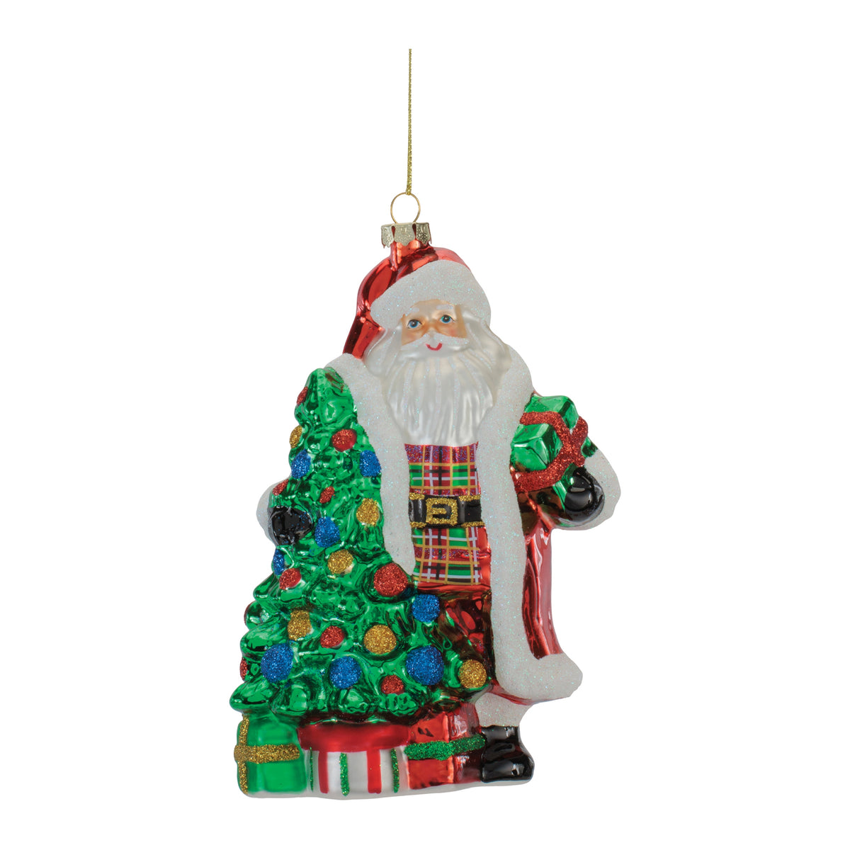 Glass Santa ornament holding a green gift box next to a decorated Christmas tree.